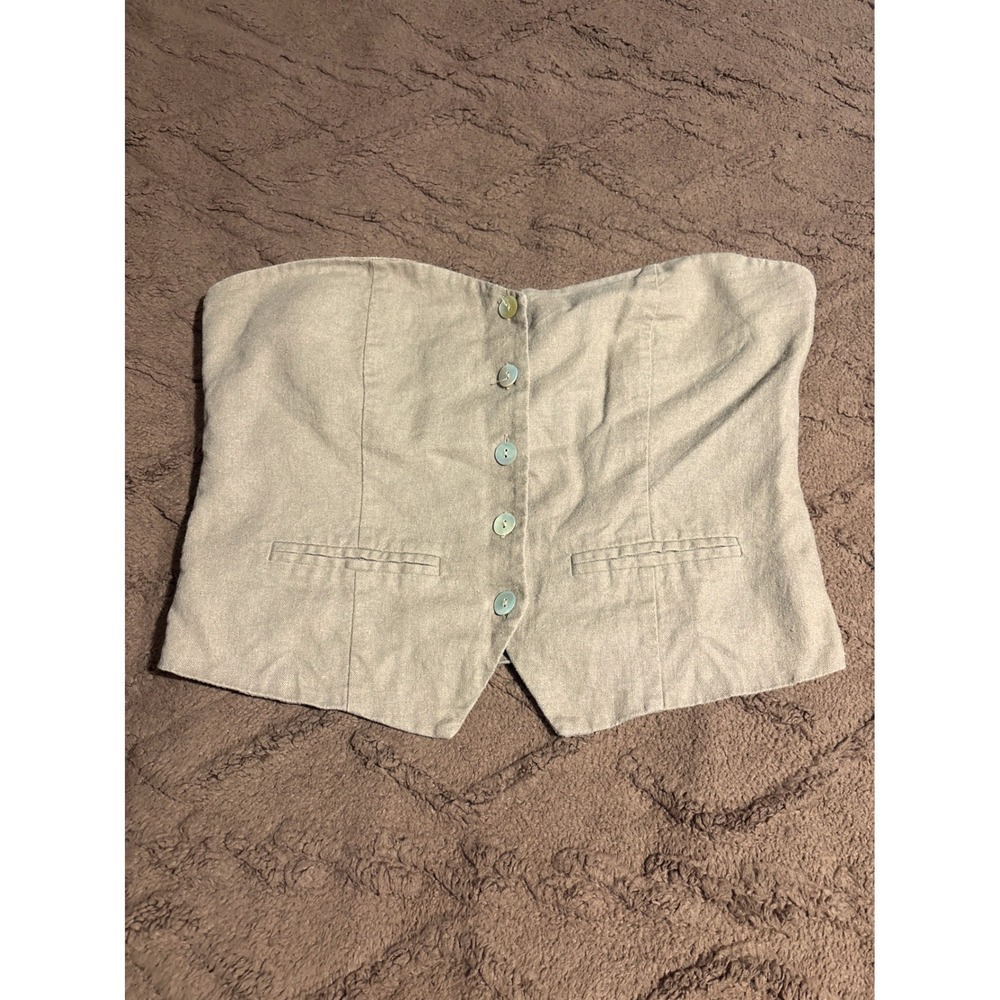 Forever 21 Linen Blend Strapless Button Front Corset Tube Top Beige Taupe Large